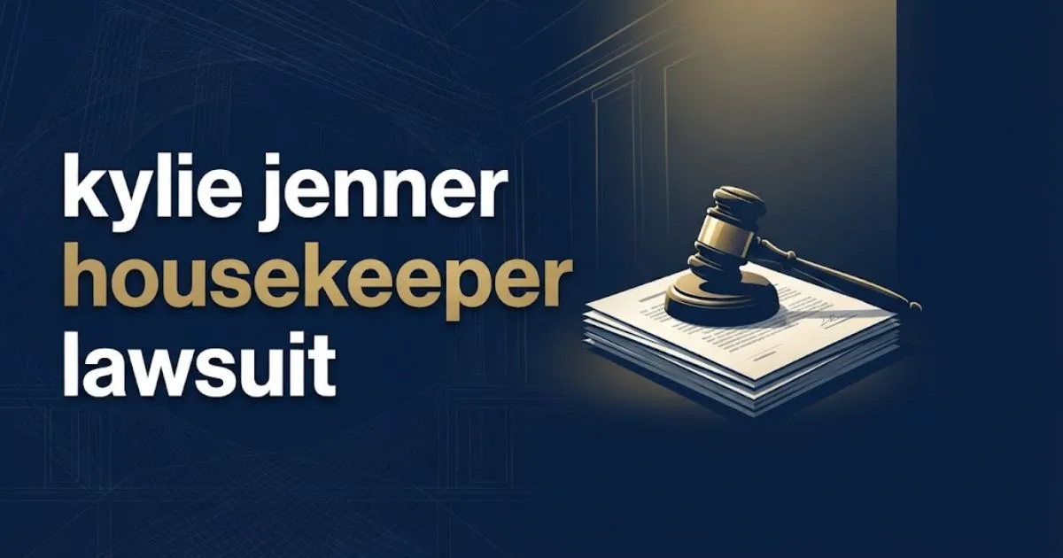 Editorial banner for kylie jenner housekeeper lawsuit with gavel and legal documents on navy background
