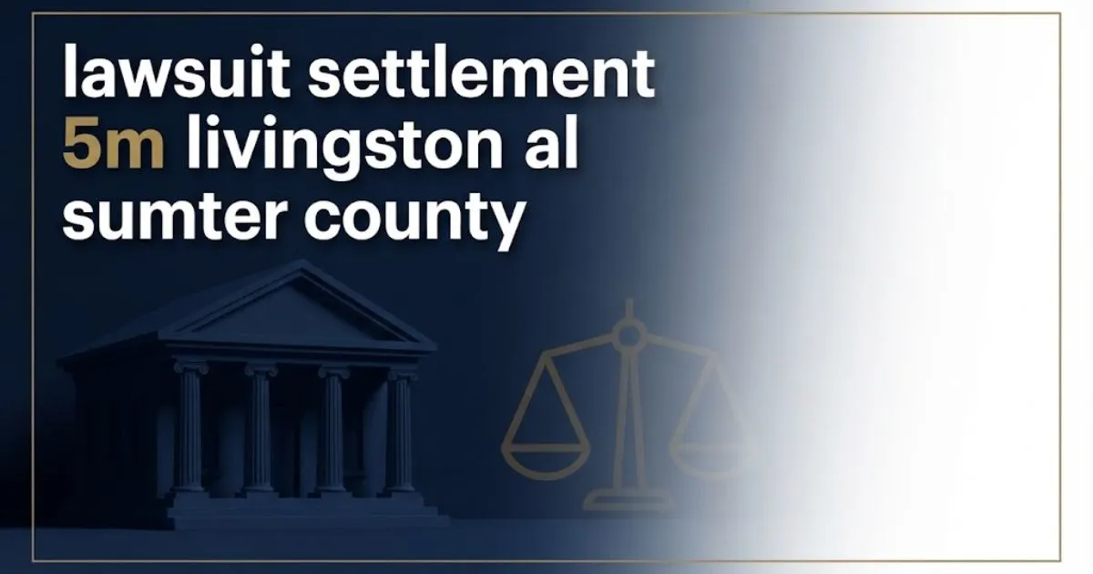 Editorial banner for lawsuit settlement 5m livingston al sumter county with courthouse silhouette and legal scales on navy background