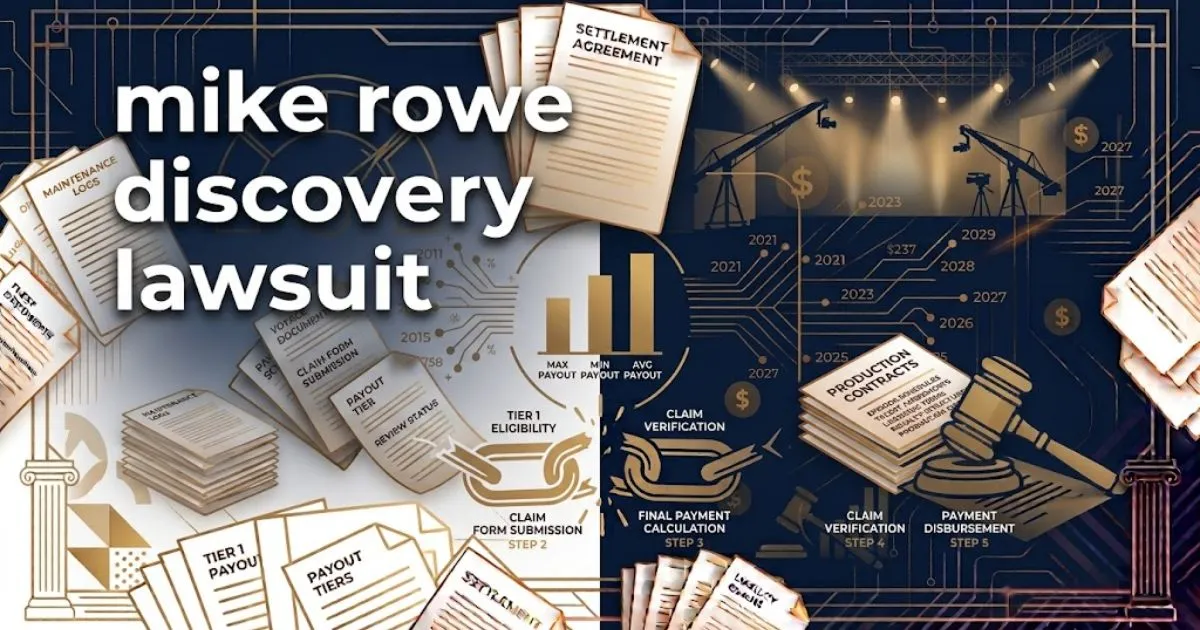 Editorial banner for mike rowe discovery lawsuit featuring gavel on contracts with navy and gold design