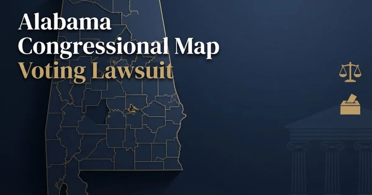 Editorial banner illustrating the Alabama congressional map voting lawsuit with district map graphic