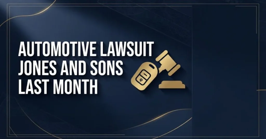 Editorial banner reading automotive lawsuit jones and sons last month with gold gavel and car key icons on navy background
