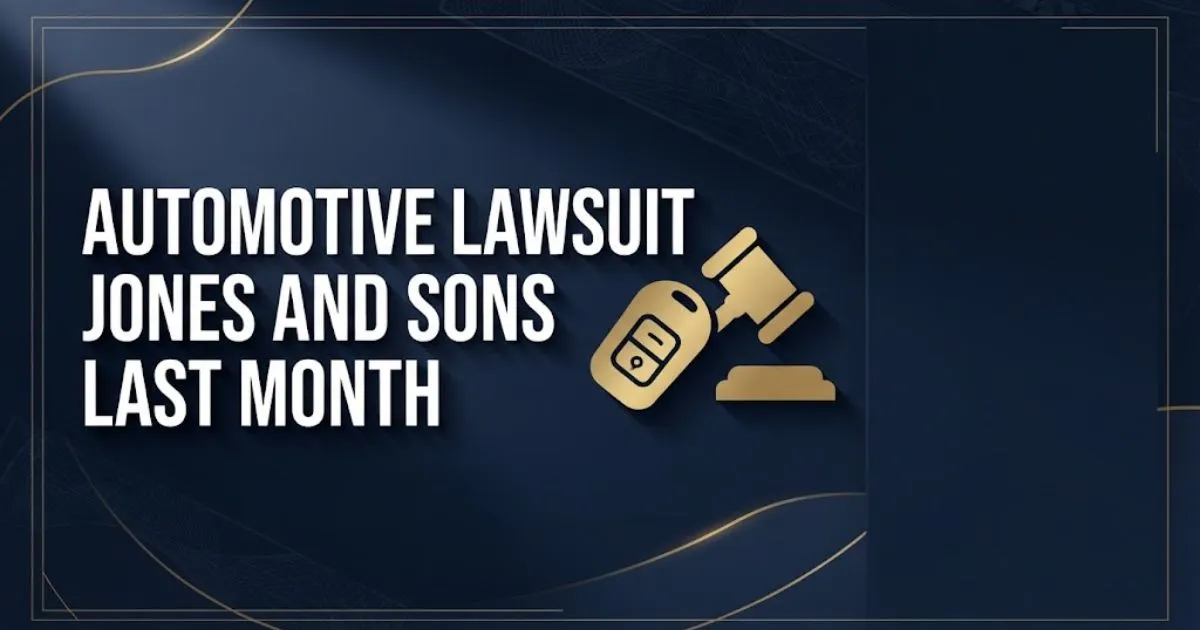 Editorial banner reading automotive lawsuit jones and sons last month with gold gavel and car key icons on navy background