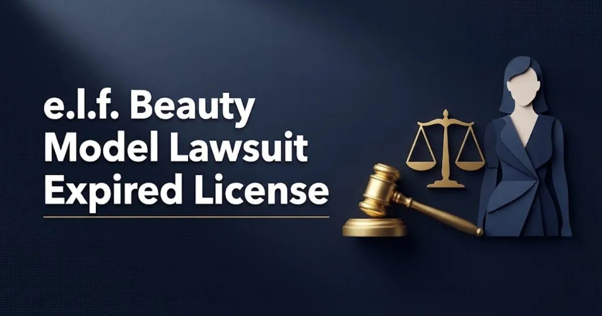 Editorial banner reading e.l.f. beauty model lawsuit expired license with gavel and scales of justice icons