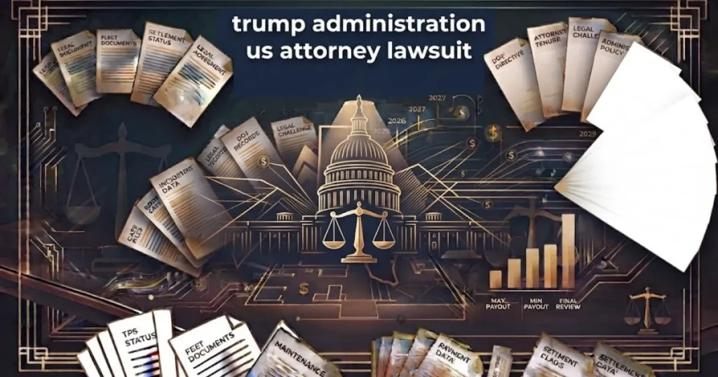 Editorial banner showing Capitol silhouette and scales of justice with trump administration us attorney lawsuit headline in navy and gold