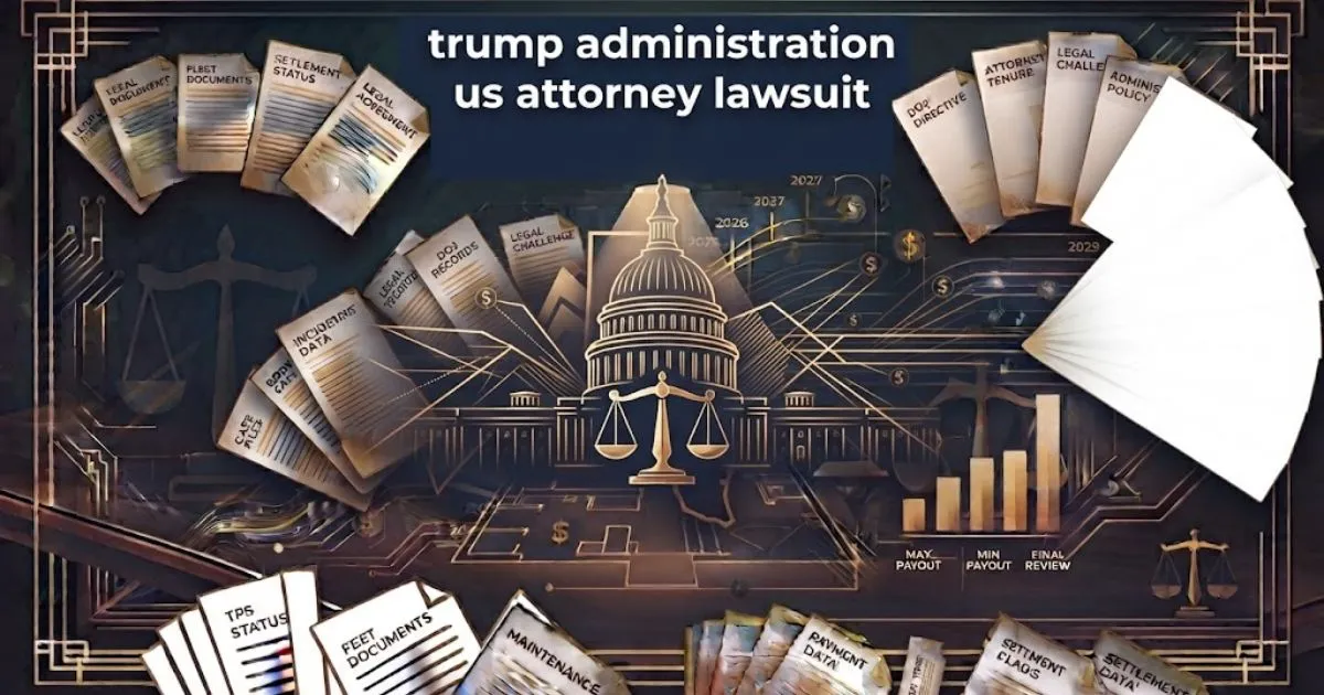 Editorial banner showing Capitol silhouette and scales of justice with trump administration us attorney lawsuit headline in navy and gold