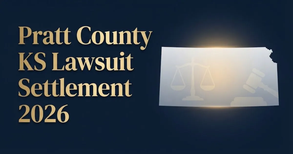 Editorial banner showing Pratt County KS lawsuit settlement 2026 title with Kansas outline and legal symbols