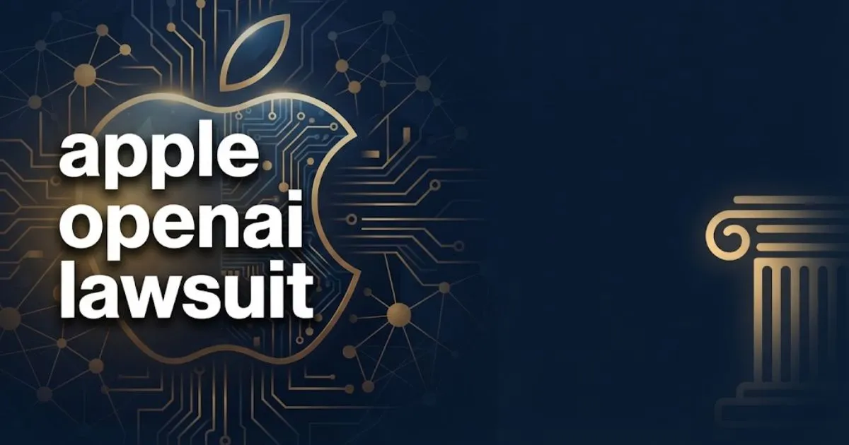 Editorial banner showing apple openai lawsuit headline over abstract tech and legal symbols in navy and gold tones