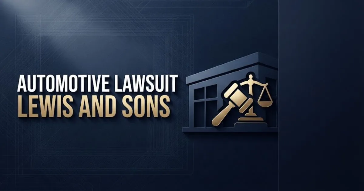 Editorial banner showing automotive lawsuit lewis and sons headline with legal icons and dealership silhouette on navy background