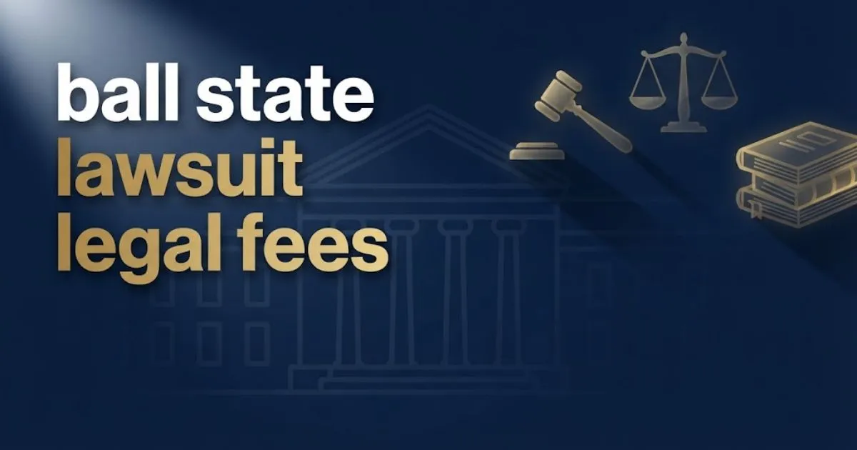 Editorial banner showing ball state lawsuit legal fees headline over navy campus silhouette with gold legal icons