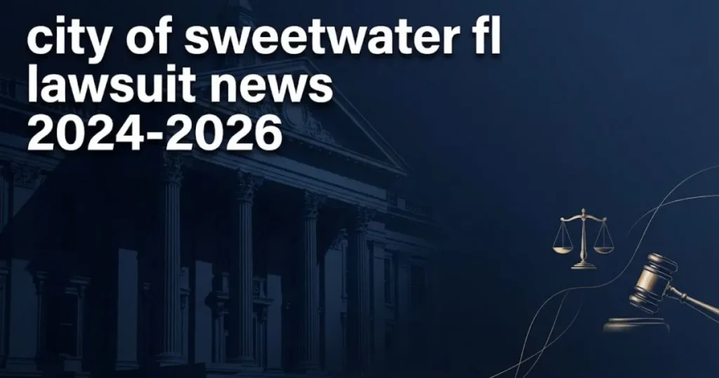 Editorial banner showing city of sweetwater fl lawsuit news 2024-2026 headline over stylized municipal building silhouette in navy and gold tones.