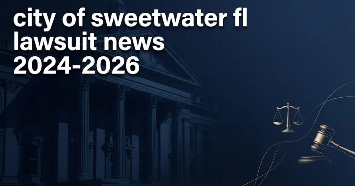 Editorial banner showing city of sweetwater fl lawsuit news 2024-2026 headline over stylized municipal building silhouette in navy and gold tones.