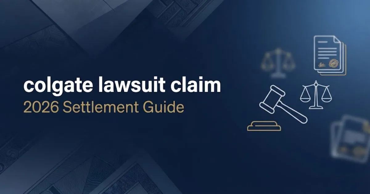 Editorial banner showing colgate lawsuit claim headline with legal icons on navy background