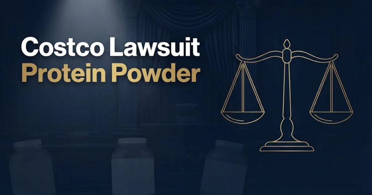 Editorial banner showing costco lawsuit protein powder headline with navy courtroom background and gold scales of justice