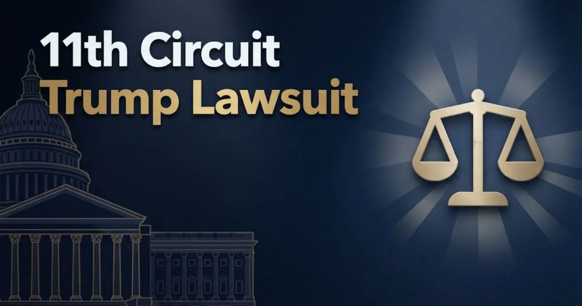 Editorial banner showing courthouse silhouette and scales of justice with 11th Circuit Trump Lawsuit headline in navy and gold