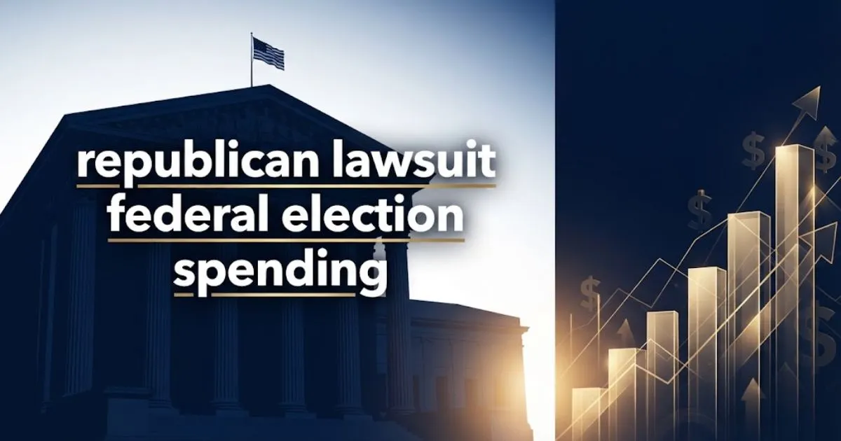 Editorial banner showing courthouse silhouette with republican lawsuit federal election spending headline in navy and gold