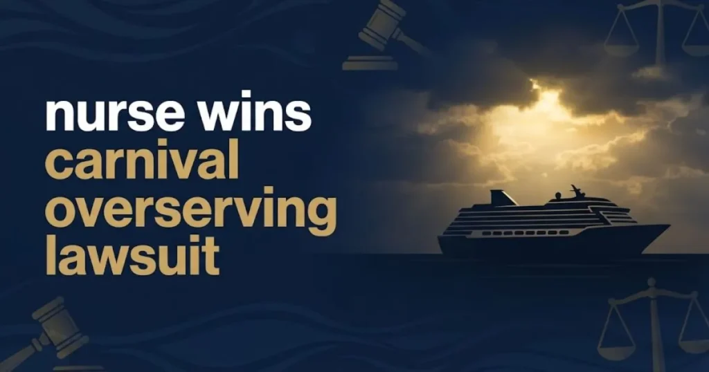 Editorial banner showing cruise ship silhouette with text nurse wins carnival overserving lawsuit in white and gold on navy background