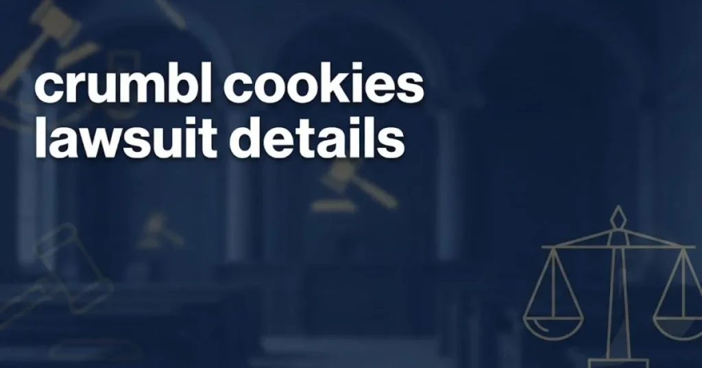 Editorial banner showing crumbl cookies lawsuit details headline with navy blue courtroom theme and gold legal scales