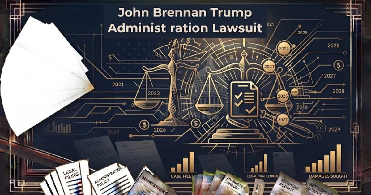Editorial banner showing donald trump park signage lawsuit headline with legal scales and park silhouette in navy and gold