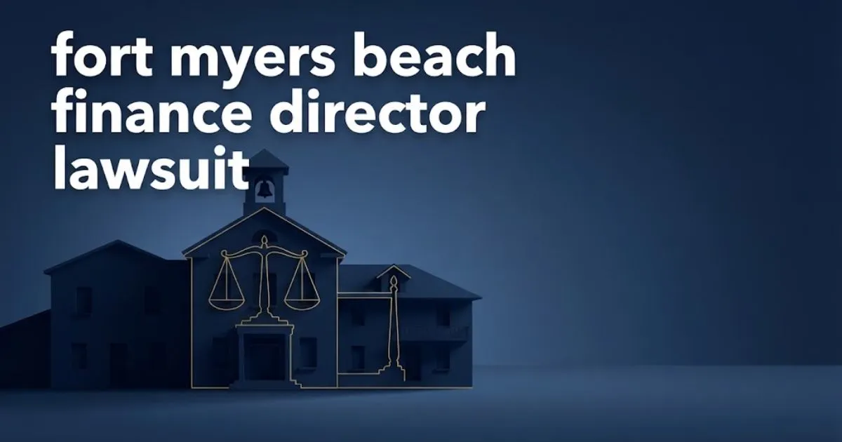 Editorial banner showing fort myers beach finance director lawsuit headline over stylized town hall and scales of justice in navy and gold