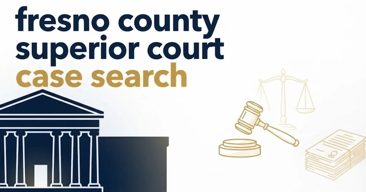 Editorial banner showing fresno county superior court case search headline with courthouse silhouette and legal icons in navy and gold