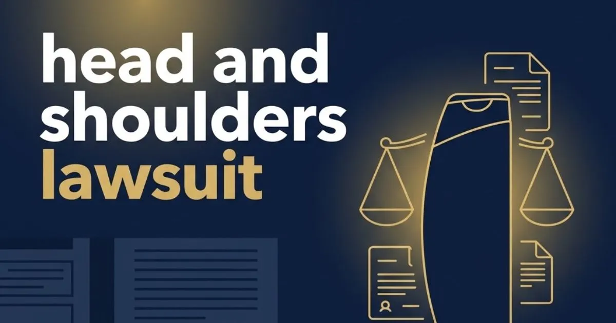 Editorial banner showing head and shoulders lawsuit headline with legal scales and shampoo bottle silhouette on navy background