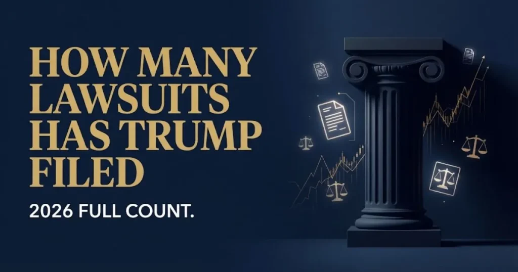 Editorial banner showing how many lawsuits has Trump filed in 2026 with courthouse and legal icons.