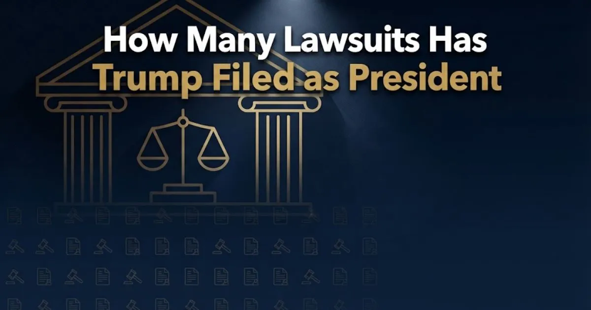 Editorial banner showing how many lawsuits has trump filed as president with navy courthouse and gold legal symbols