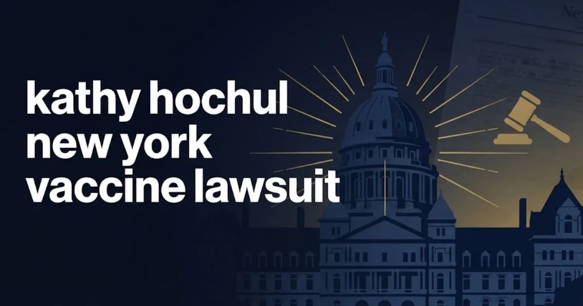 Editorial banner showing kathy hochul new york vaccine lawsuit headline over stylized New York Capitol silhouette in navy and gold
