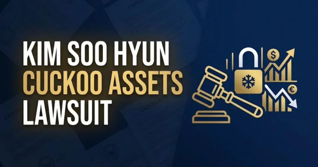 Editorial banner showing kim soo hyun cuckoo assets lawsuit headline with legal gavel and frozen asset icons on navy background