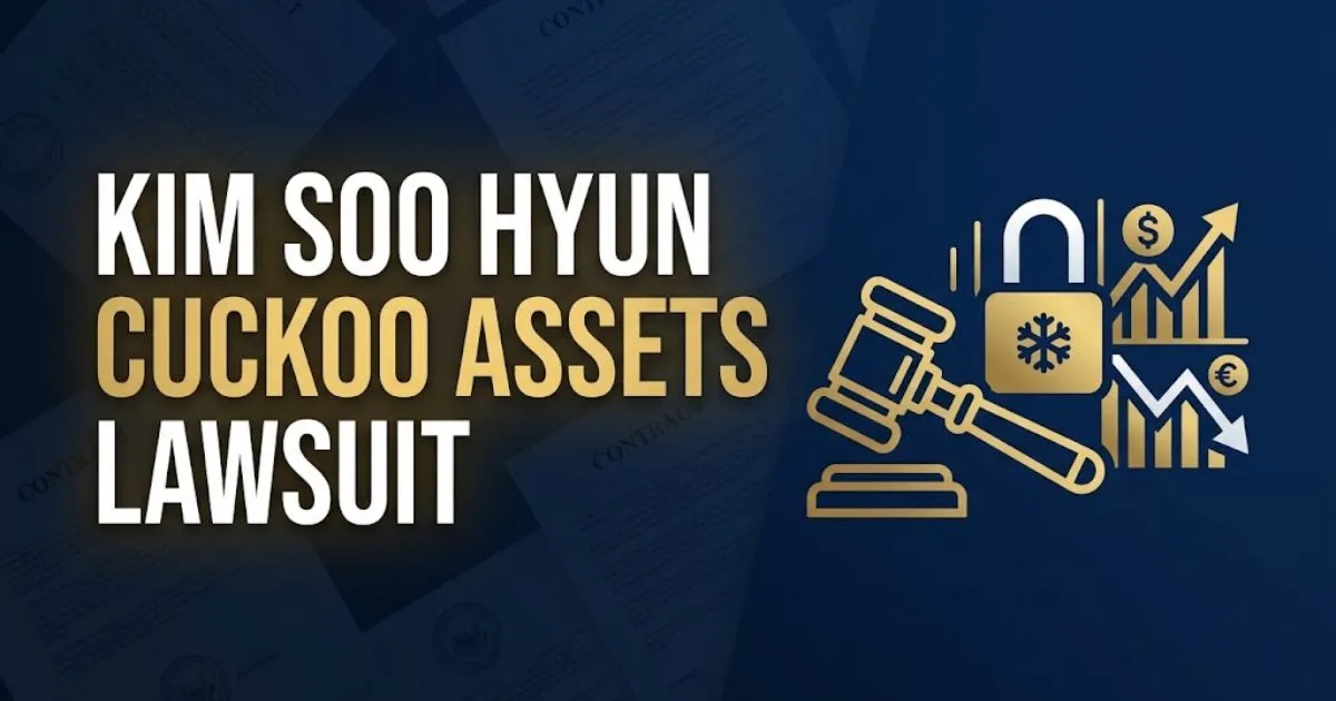 Editorial banner showing kim soo hyun cuckoo assets lawsuit headline with legal gavel and frozen asset icons on navy background