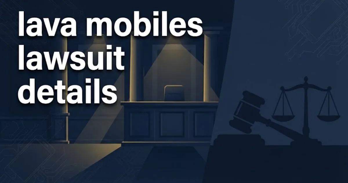 Editorial banner showing lava mobiles lawsuit details headline with courtroom silhouettes and navy blue legal theme