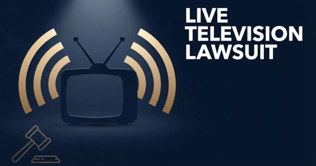 Editorial banner showing live television lawsuit headline with TV silhouette and gavel icon on navy background