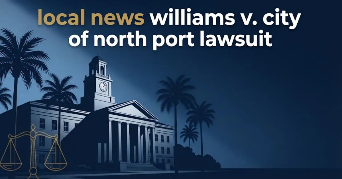 Editorial banner showing local news williams v. city of north port lawsuit headline over a stylized Florida courthouse silhouette in navy and gold tones