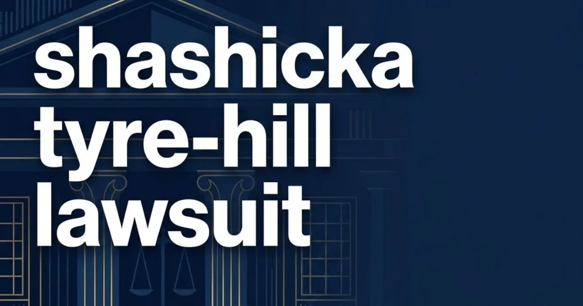 Editorial banner showing shashicka tyre-hill lawsuit headline over abstract navy courthouse design with gold accents