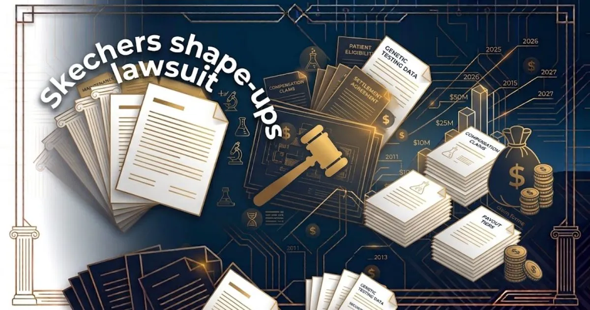 Editorial banner showing skechers shape-ups lawsuit headline with navy courtroom silhouette background and gold accents