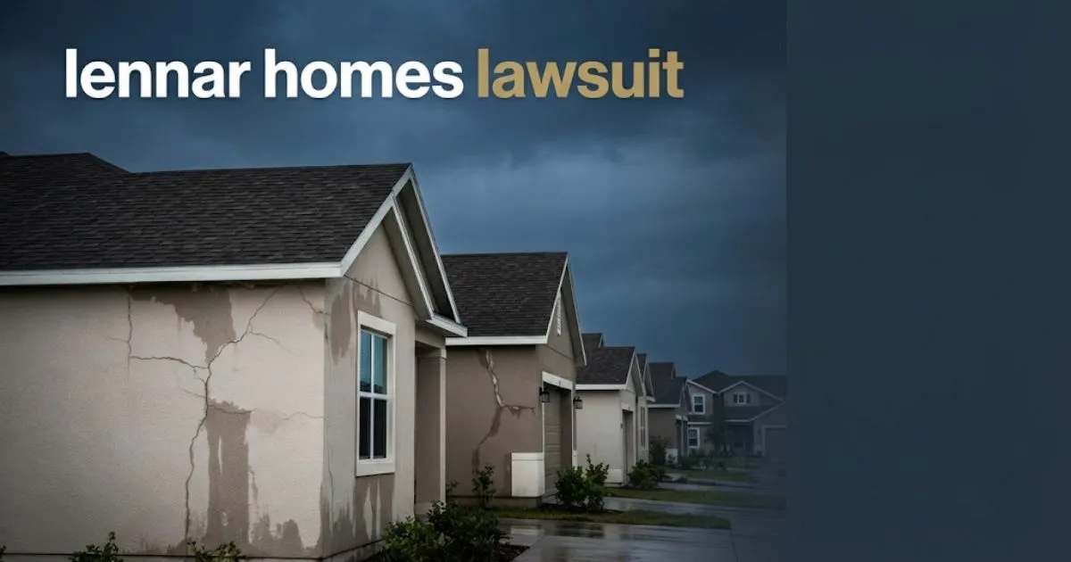 Editorial banner showing suburban homes with visible defects and bold lennar homes lawsuit headline text in white and gold