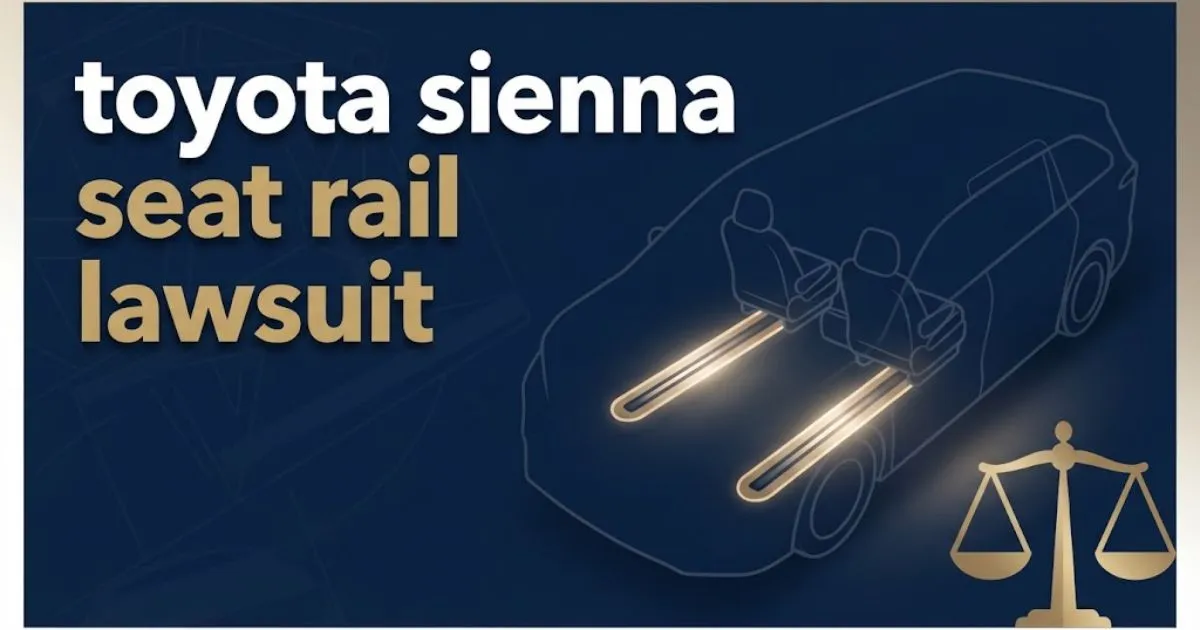Editorial banner showing toyota sienna seat rail lawsuit headline with minivan interior silhouette and legal symbols on navy background