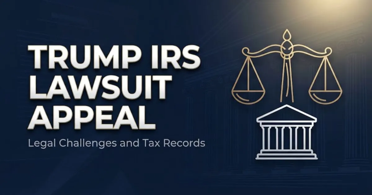 Editorial banner showing trump irs lawsuit appeal headline with gold scales of justice on navy background
