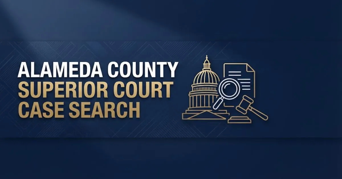 Editorial banner with alameda county superior court case search headline over navy and gold courthouse icons