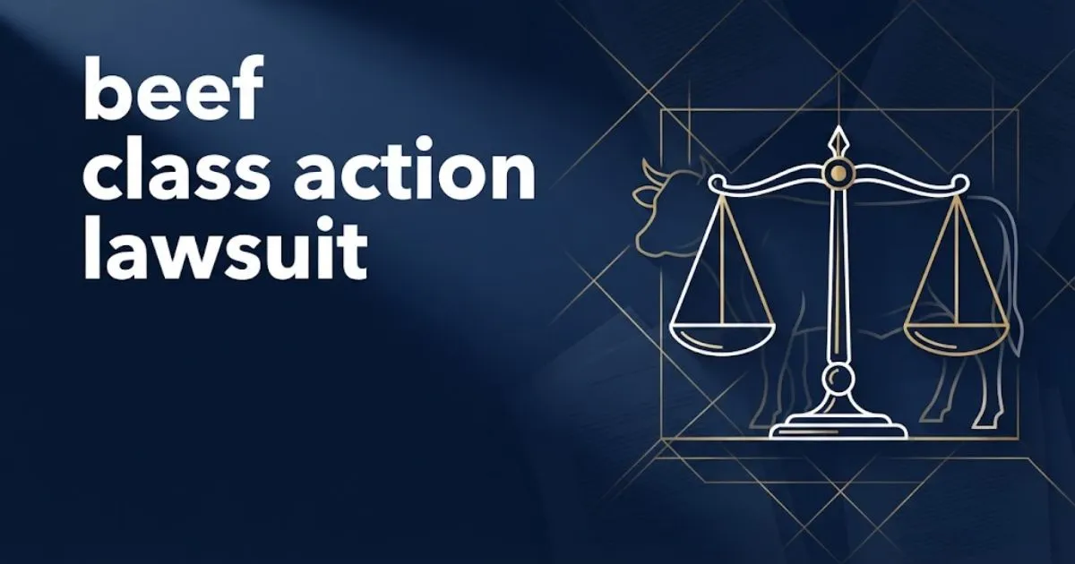 Editorial banner with beef class action lawsuit headline text over navy background with gold legal scales and cattle silhouette icon.