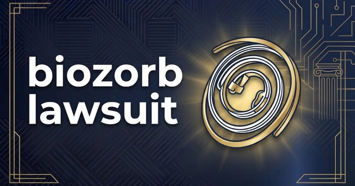 Editorial banner with biozorb lawsuit headline text and abstract medical device icon on navy background