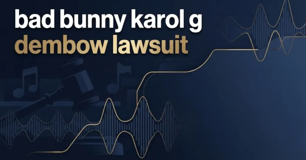 Editorial banner with bold text reading bad bunny karol g dembow lawsuit over abstract navy courtroom and music wave graphics