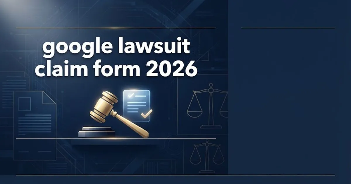 Editorial banner with bold text reading google lawsuit claim form 2026 over navy blue legal themed background with gold gavel icon