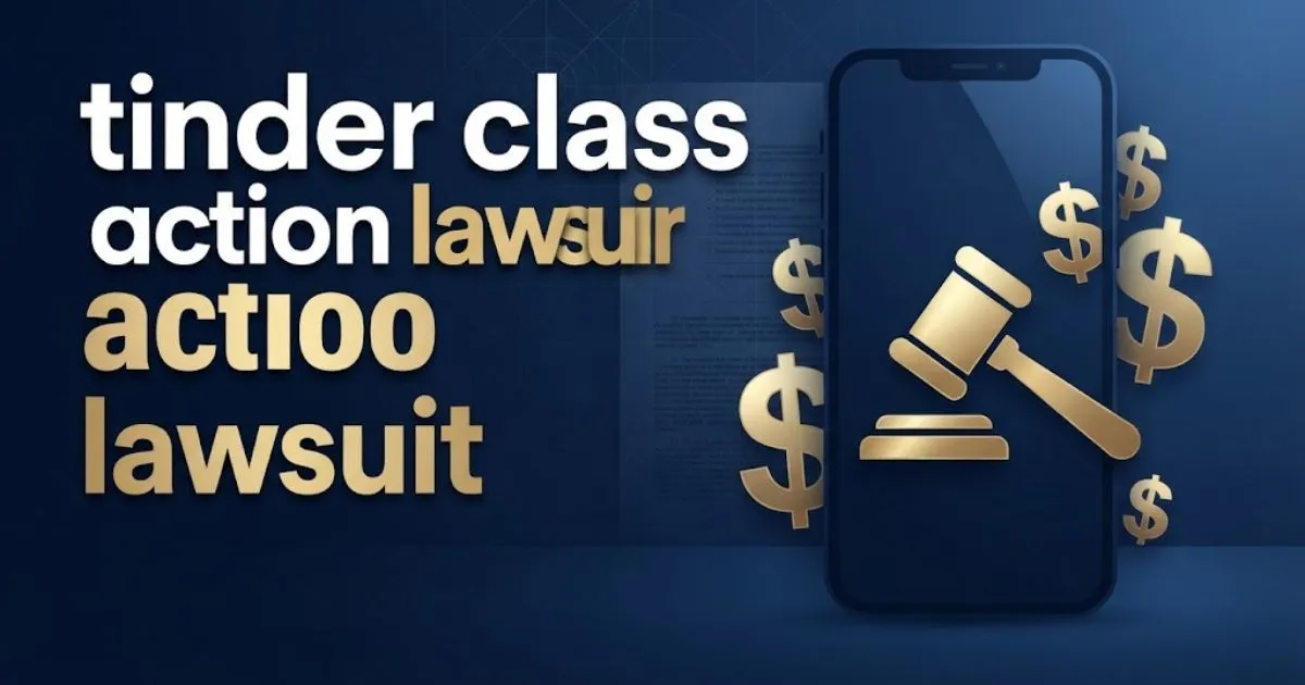 Editorial banner with bold text reading tinder class action lawsuit over navy blue legal themed background with gavel and phone icons
