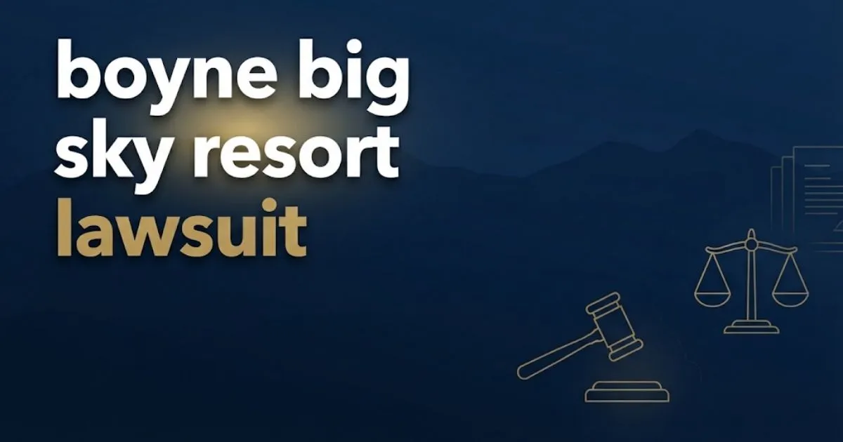 Editorial banner with boyne big sky resort lawsuit headline over navy mountain silhouette and gold legal icons