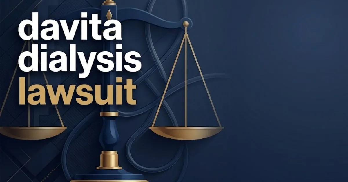 Editorial banner with davita dialysis lawsuit headline over abstract legal scales in navy and gold tones