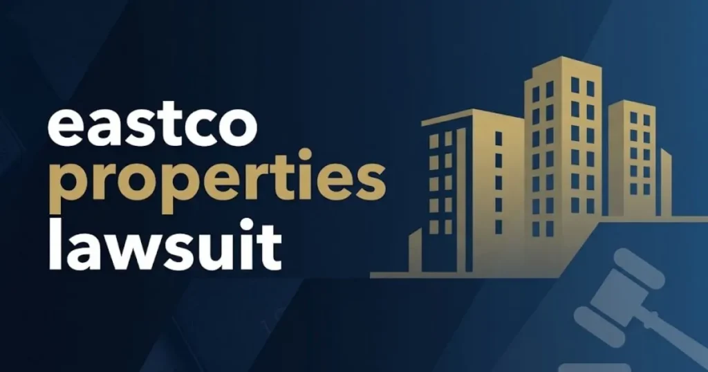Editorial banner with eastco properties lawsuit headline over stylized apartment building silhouettes in navy and gold
