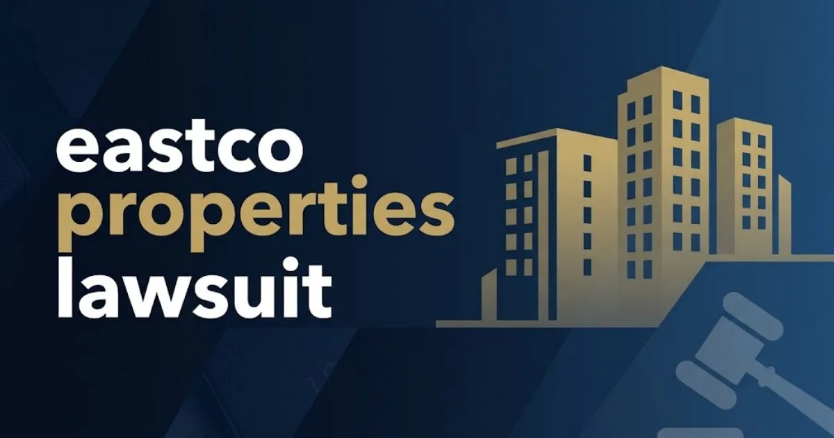 Editorial banner with eastco properties lawsuit headline over stylized apartment building silhouettes in navy and gold