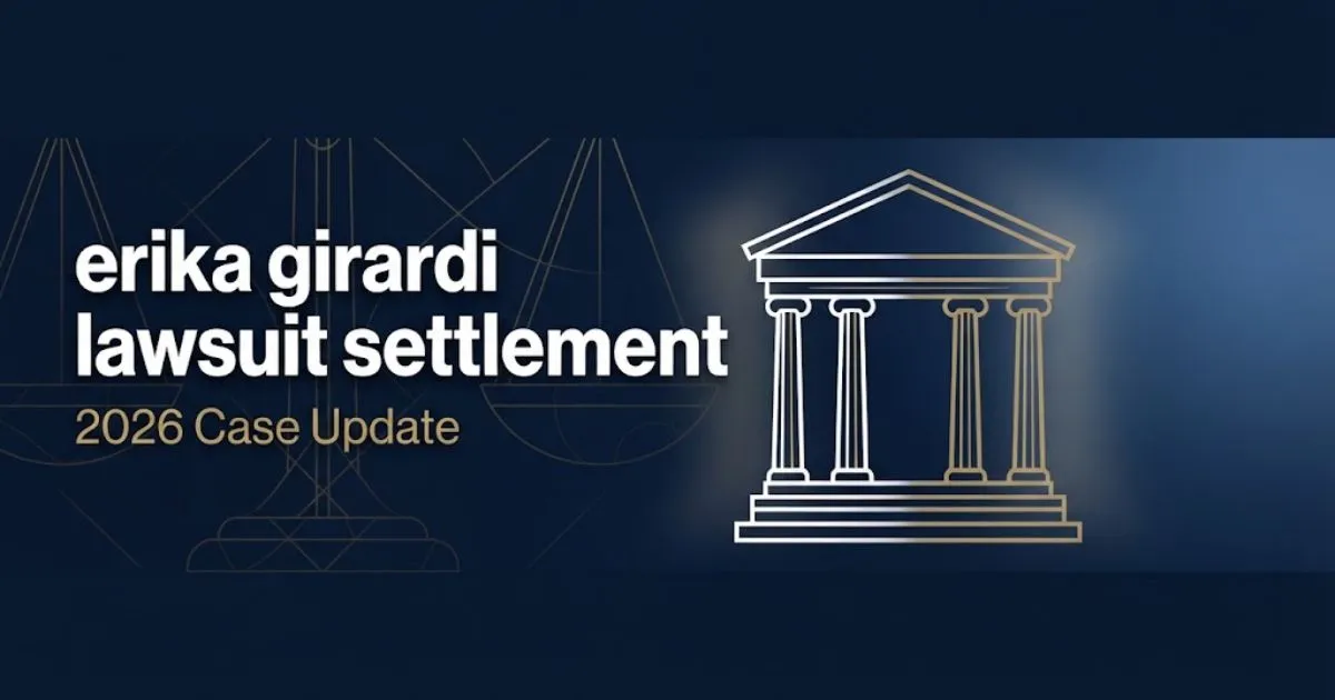 Editorial banner with erika girardi lawsuit settlement headline in white text on navy background with gold courthouse silhouette