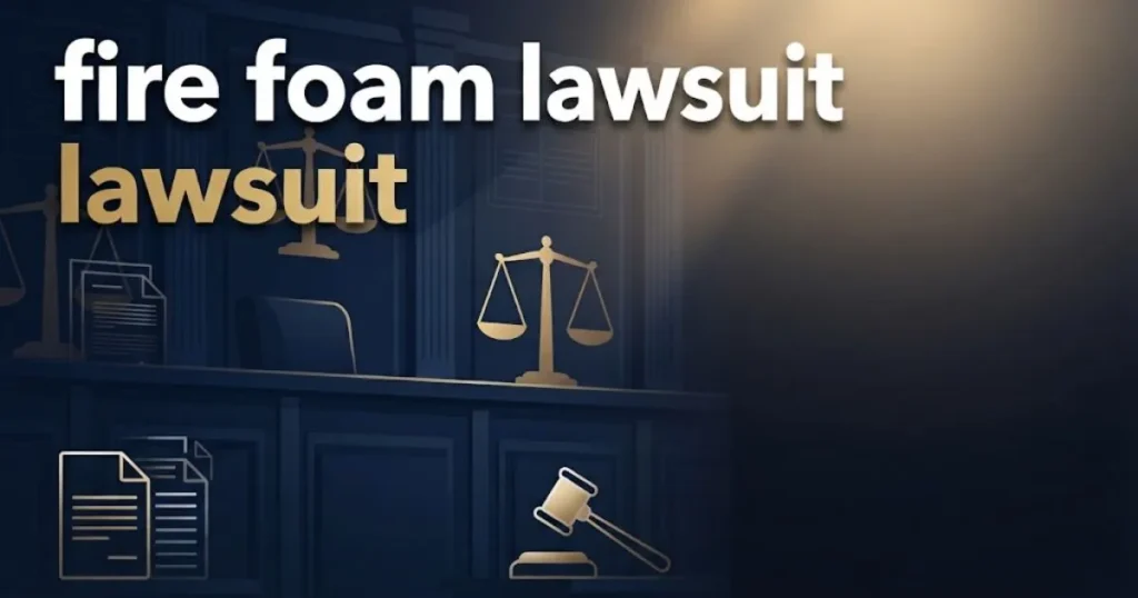 Editorial banner with fire foam lawsuit headline over navy courtroom scene with golden justice scales